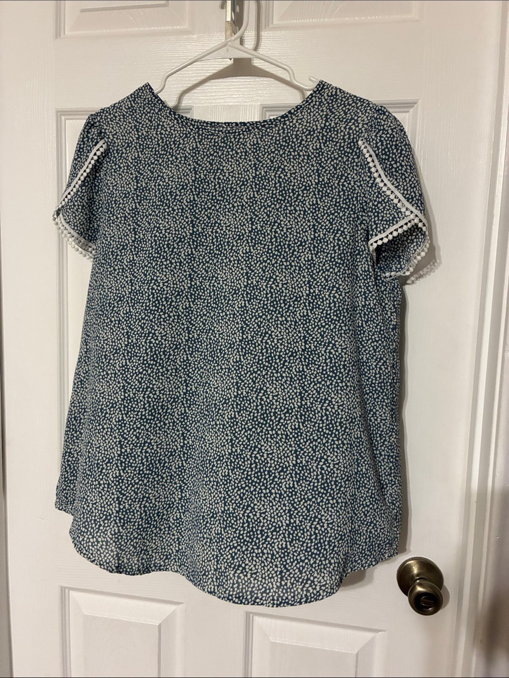 SHEIN Navy Blue Dot Short Sleeve Blouse with White Trim